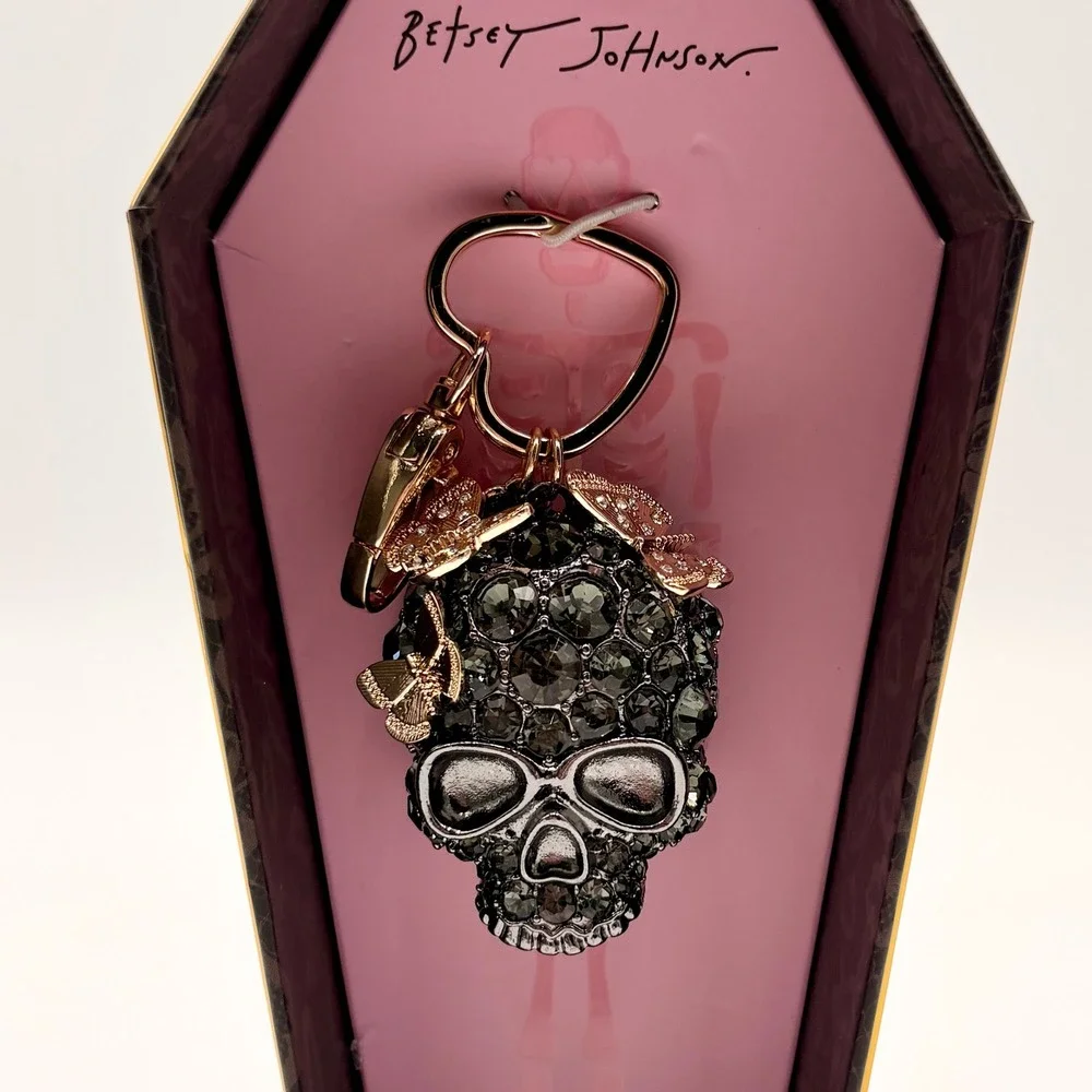 Betsey Johnson Crystal Skull Butterfly Jewelry Bag Charm Keychain Halloween
